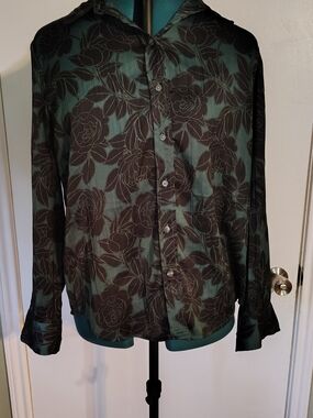 GAP Teal and Black Floral Sheer Button-Up Blouse